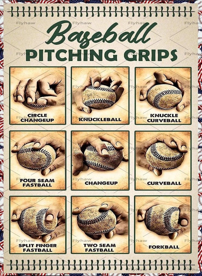 Flyhaw Baseball Decor Baseball Pitching Grips Metal Tin Sign Retro Art Print Vintage Decor For Boys Room Bedroom Gymnasium Living Room Home Wall Plaque 8x12 Inches - Image 1