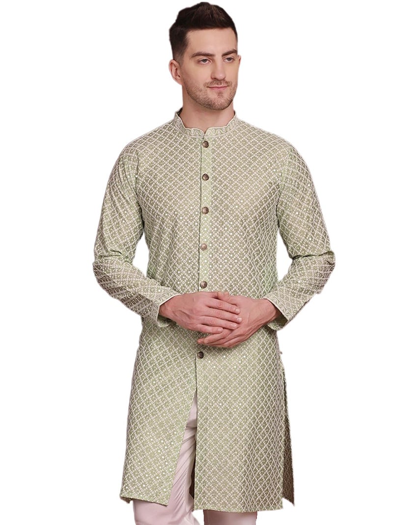 Jompers Men's Floral Silk Blend Long Sleeve Front Open Kurta - Image 1