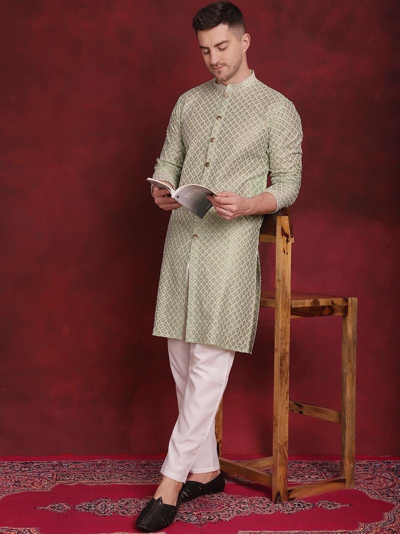 Jompers Men's Floral Silk Blend Long Sleeve Front Open Kurta - Image 4