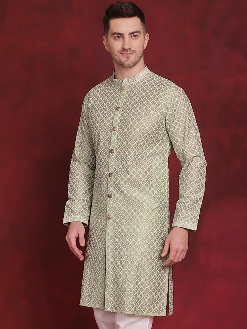 Jompers Men's Floral Silk Blend Long Sleeve Front Open Kurta - Image 3