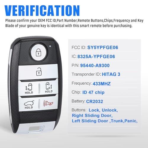 Keymall Keyless Entry Remote 6 Buttons Proximity Key Fob Replacement for Kia Sedona 2015 2016 2017 2018 2019 2020 2021(FCC:SY5YPFGE06 P/N:95440-A9300 ID47 Chip) - Image 2
