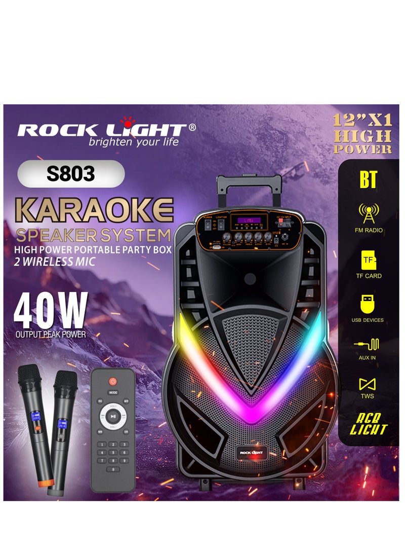 ROCK LIGHT S803 Karaoke Speaker System | 40W Portable Bluetooth Party Box with 2 Wireless Microphones, 12” Subwoofer, Remote Control, FM Radio, USB/TF Card/AUX Support, LED Lights & TWS Function - Image 5