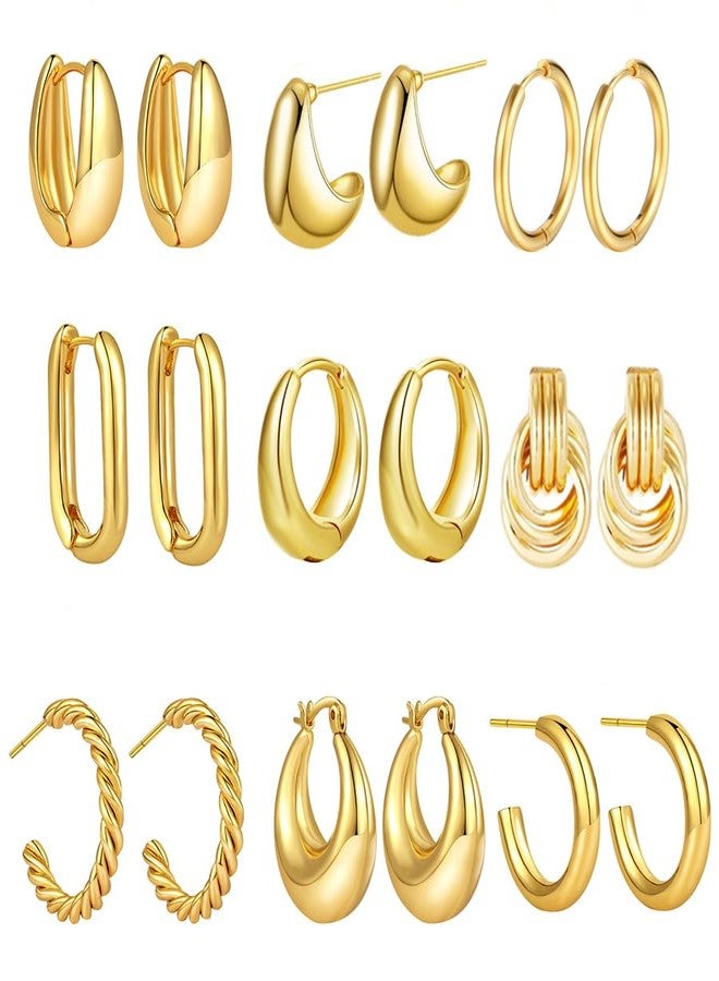 TianBo 9 Pairs Gold Hoop Earrings for Women Lightweight Chunky Hoop Earrings 14K 18K Gold Plated Multipack Hypoallergenic, Thick Open Twisted Huggie Hoops Earring Set Jewelry for Gifts (9 Pairs Gold plated) - Image 1