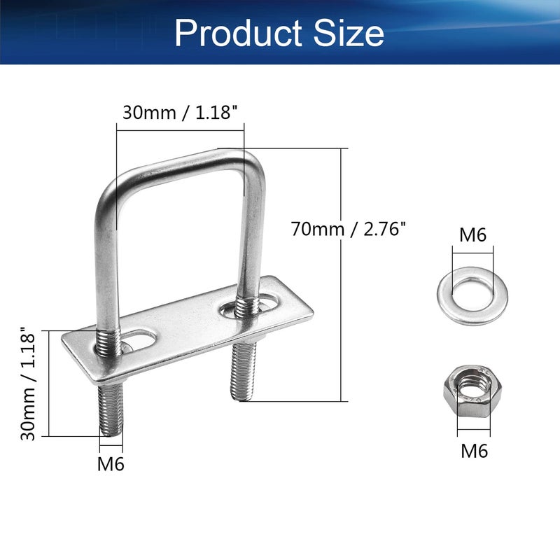 Yinpecly 4Pack Square U-Bolts 1-1/5"(30mm) Inner Width 304 Stainless Steel U-Bolts M6 with Washers and Nuts for Automobiles Trailer, Ski Boat, or Sailboat Trailer, M6x30x70mm - Image 4