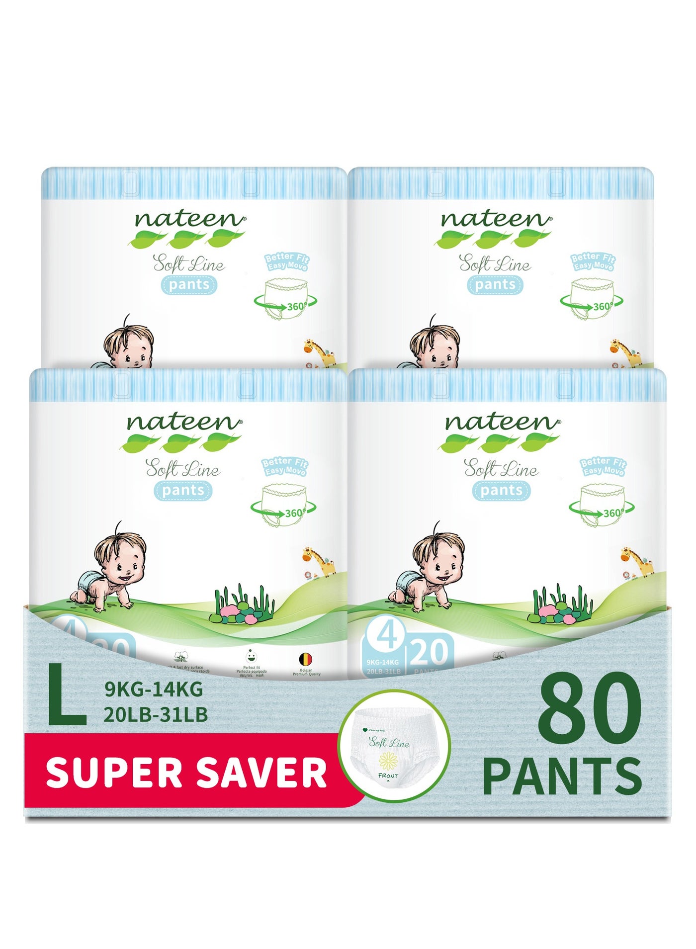nateen Soft Line Baby Pants Diapers ,Size 4 (9-14kg),Large Baby Pull Ups,80 Count Diaper Pants,Super Soft and Breathable Baby Diapers Pants.