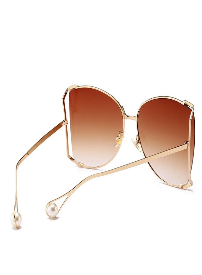 Armear Women Oversized Semi Rimless Sunglasses Retro Gold Metal Frame Brown Lens Fashion Pearl Design 64mm - Image 5
