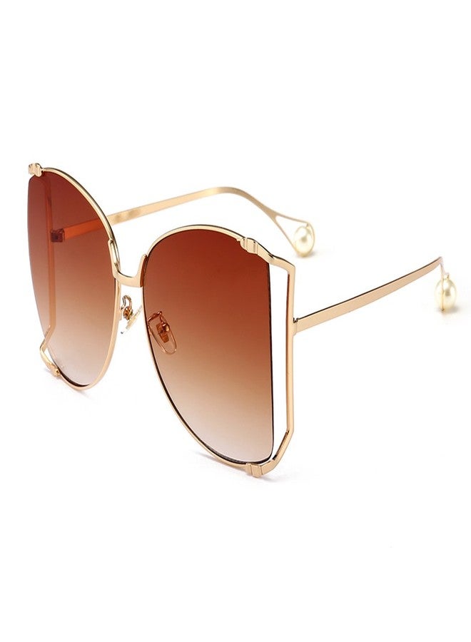 Armear Women Oversized Semi Rimless Sunglasses Retro Gold Metal Frame Brown Lens Fashion Pearl Design 64mm - Image 1