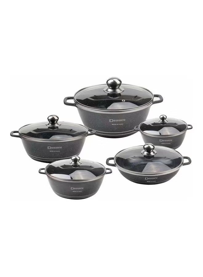 DESSINI 10-Piece Granite Non Stick Cookware Set Includes 4xCasserol With Lid 32cm, 28cm, 24cm, 20cm, 1xShallow Pot With Lid 28 cm Black 32,28,24,20,28cm- Black - Image 1