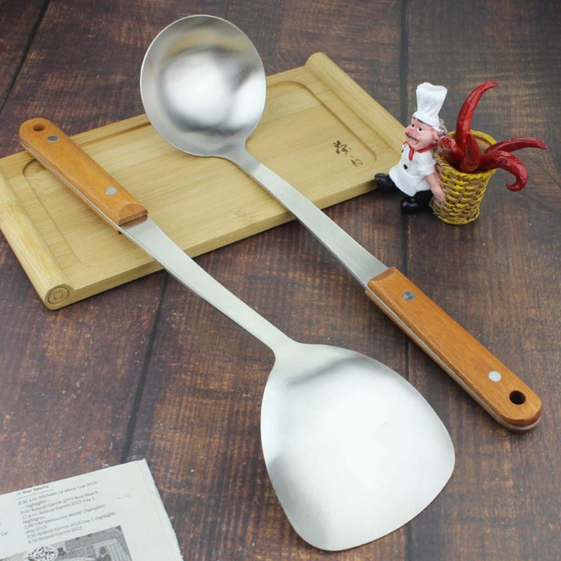 ONICORN Stainless Steel Spatula Vegetable Shovel and Soup Ladle Spoon Set with Heat Resistant Wooden Handle  - Image 3