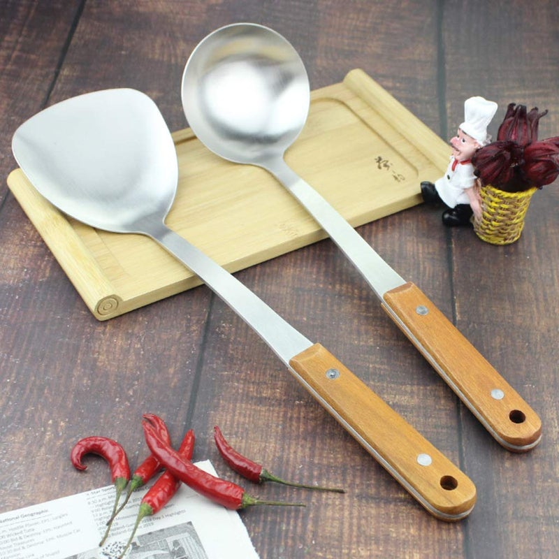 ONICORN Stainless Steel Spatula Vegetable Shovel and Soup Ladle Spoon Set with Heat Resistant Wooden Handle  - Image 2