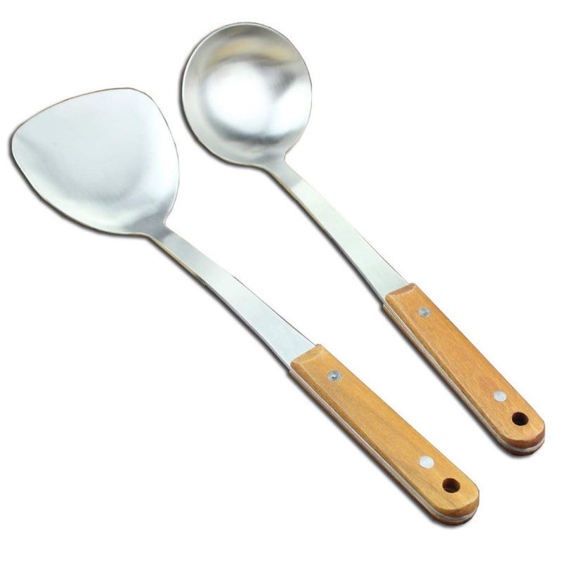 ONICORN Stainless Steel Spatula Vegetable Shovel and Soup Ladle Spoon Set with Heat Resistant Wooden Handle  - Image 1