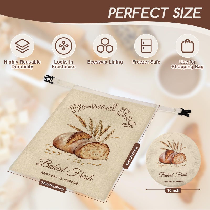 fufeisi Beeswax Bread Bags for Sourdough, 2 Pack Reusable Bread Bag for Storage XL 17x13 Inch, Large Linen Beeswax Bread Bags for Homemade Sourdough with 1 Linen Bowl Cover - Keep Fresh, Freezer Safe - Image 3