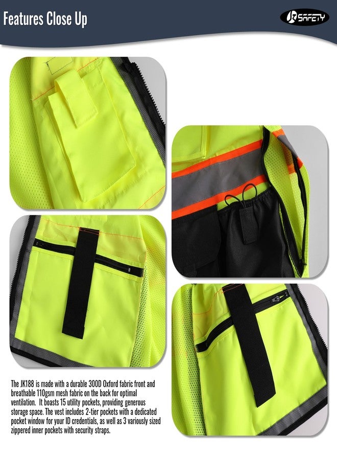 JKSafety سترة أمان عالية الوضوح للجنسين من JKSafety، معدات وقاية شخصية شديدة التحمل، جيوب داخلية، متوافقة مع معايير ANSI/ISEA (188-YBlk L) - Image 3