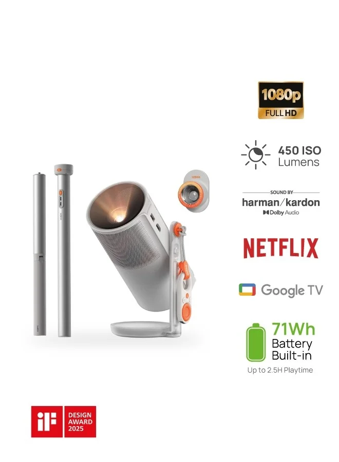 إكسجيمي مجموعة حزمة موجو : جهاز عرض محمول بدقة عالية كاملة مع قاعدة طاقة،  لومن ، حامل مدمج  درجة،  ساعات تشغيل أفلام، مكبرات صوت هارمان كاردون   واط، جوجل تي في للمنزل والعمل والتخييم