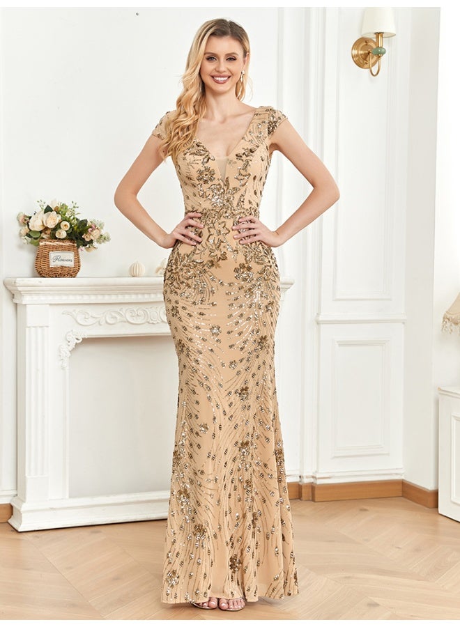 Madam Uniq Elegant Nude Sequin - Embroidered Gown, Mermaid Silhouette & V - Neck, Formal Evening Dress - Image 1