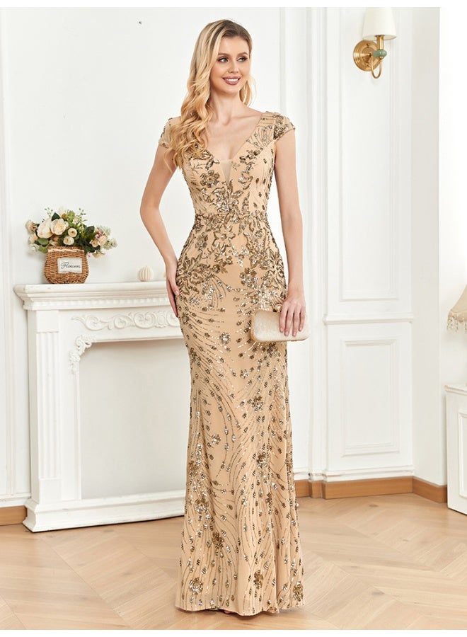 Madam Uniq Elegant Nude Sequin - Embroidered Gown, Mermaid Silhouette & V - Neck, Formal Evening Dress - Image 3