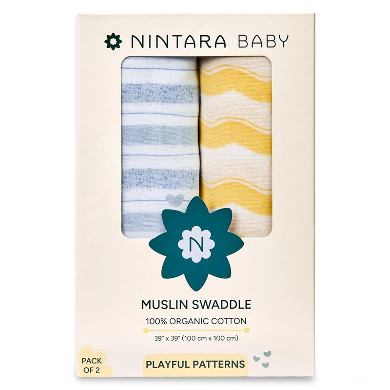 NINTARABABY Swaddle 100 Organic Premium Muslin Cotton 39 x 39 100 cm x 100 cm UltraSoft Breathable Lightweight Multipurpose Unisex Hypoallergenic Gifts for Newborn Babies Pack of 2