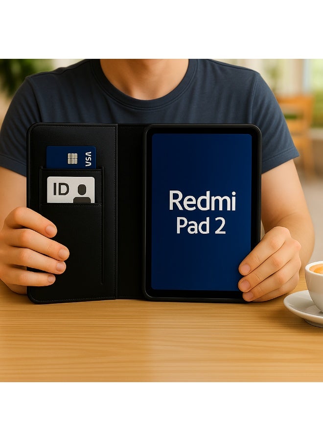 High-Quality Premium and Elegant Tablet Case for Redmi Pad 2 – Full Protection Against Shocks and Scratches with Card Holder & Built-in Stand – Stylish Black - Image 1