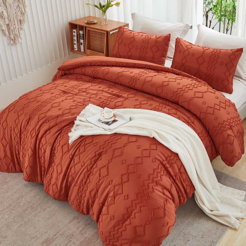 Andency Terracotta Tufted Comforter Set King104x90Inch 3 Pieces1 Boho Comforter 2 Pillowcases Textured Farmhouse Soft Microfiber Down Alternative Geometric Bedding Set