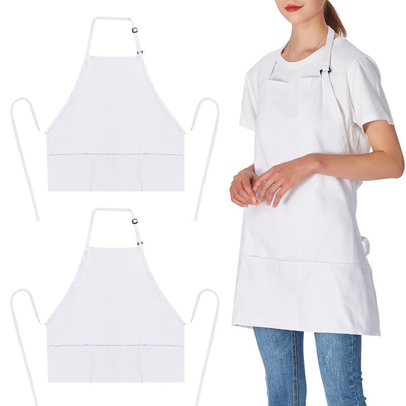 Jubatus 2 Pack 3 Pockets 100 Cotton Adjustable Bib Apron Chef Kitchen Cooking Aprons for Women Men White