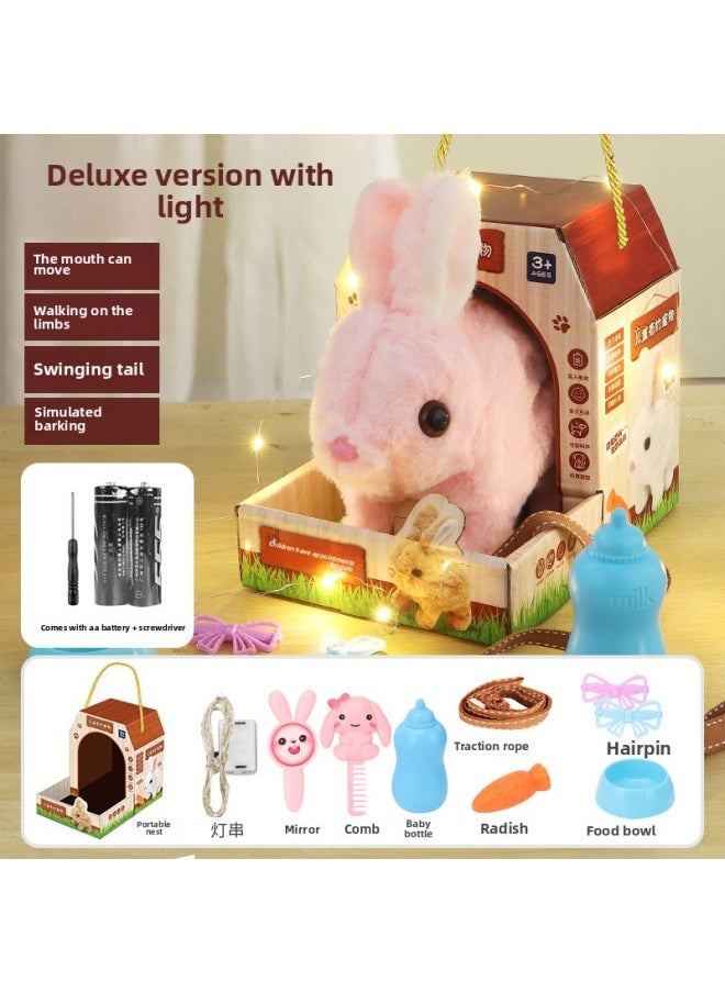 Simulation Puppy Plush Electric Puppy Walking Call Pet Rabbit Electronic Dog Girl Children's Day Gift Box-Color:[upgraded Lighting Version] Pink Bunny + House + Dressing Combination * Battery + Screwdriver  - Image 1