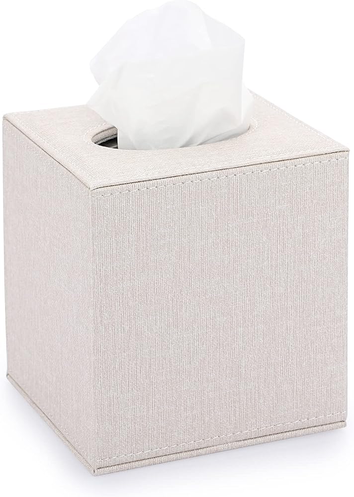 BTSKY Linen Cube Tissue Box Cover, Beige Tissue Paper Holder - Image 1