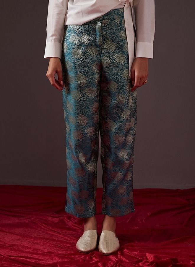 Abhishti Straight Banarasi zari pants-teal blue  - Image 1