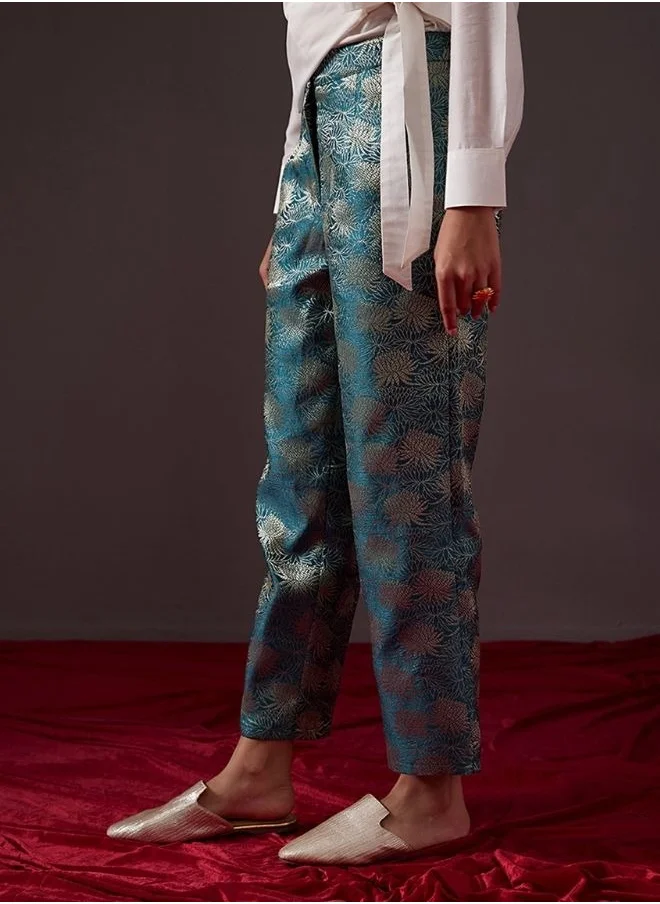 Abhishti Straight Banarasi zari pants-teal blue