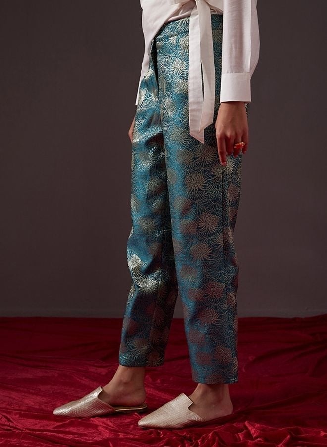 Abhishti Straight Banarasi zari pants-teal blue  - Image 2