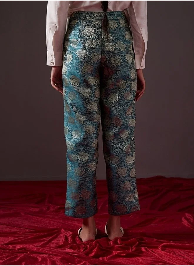 Abhishti Straight Banarasi zari pants-teal blue
