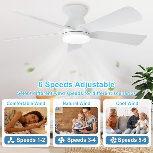 Depuley Modern Ceiling Fan with Light: 42-Inch White Small Fans for Bedroom Indoor Outdoor - Dimmable Low Profile Ceiling Fans with Remote Control Flush Mount 5 Reversible White Blades 6 Speeds Timer - Image 4