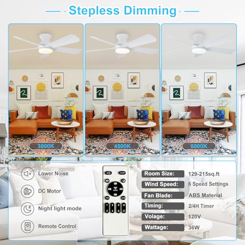 Depuley Modern Ceiling Fan with Light: 42-Inch White Small Fans for Bedroom Indoor Outdoor - Dimmable Low Profile Ceiling Fans with Remote Control Flush Mount 5 Reversible White Blades 6 Speeds Timer - Image 3