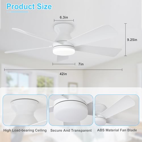 Depuley Modern Ceiling Fan with Light: 42-Inch White Small Fans for Bedroom Indoor Outdoor - Dimmable Low Profile Ceiling Fans with Remote Control Flush Mount 5 Reversible White Blades 6 Speeds Timer - Image 5