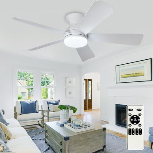 Depuley Modern Ceiling Fan with Light: 42-Inch White Small Fans for Bedroom Indoor Outdoor - Dimmable Low Profile Ceiling Fans with Remote Control Flush Mount 5 Reversible White Blades 6 Speeds Timer - Image 1