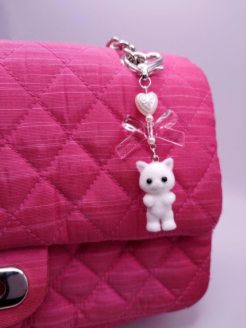 Agromusk Cute Cat Keychain - Fuzzy Kitty Cat Decor, Y2K Heart Bow Ornament for Bags, Backpacks & Wallets - Image 2