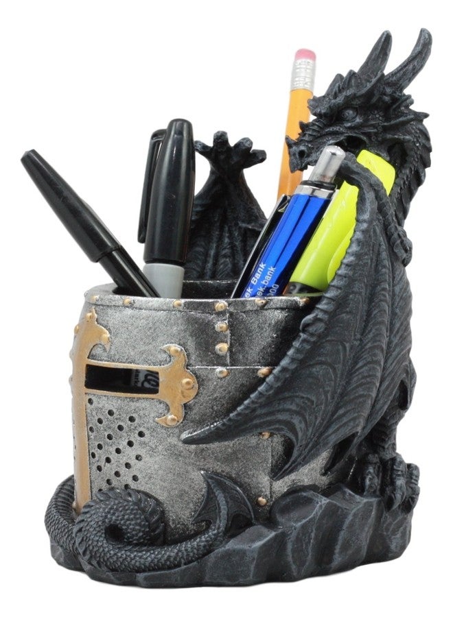 Ebros Gift Ebros Medieval Fantasy Saint George Dragon Guarding Medieval Knight Helmet Stationery Pen Holder Statue 7"Tall Office Desktop Fantasy Decor - Image 3