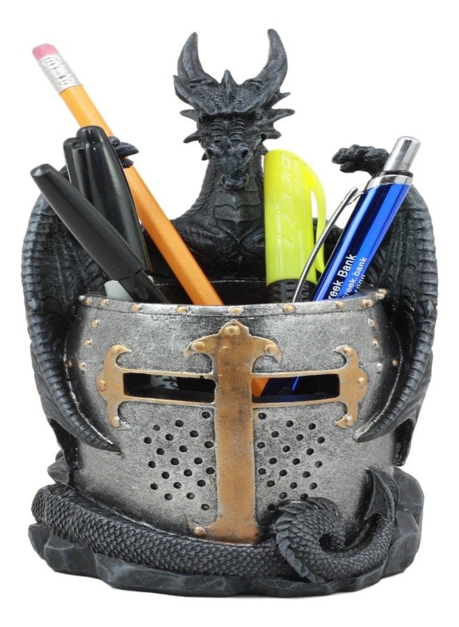 Ebros Gift Ebros Medieval Fantasy Saint George Dragon Guarding Medieval Knight Helmet Stationery Pen Holder Statue 7"Tall Office Desktop Fantasy Decor - Image 1