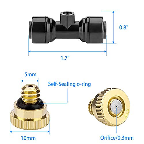 Petutu 20 Pack Brass Mister Nozzles with 20 Pack Misting Nozzle Tees with 2 Pack End Plugs for Outdoor Cooling System Patio Misting System - Image 2