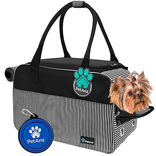 PetAmi Dog Purse Carrier for Small Dogs, Airline Approved Soft Sided Pet Carrier with Pockets, Ventilated Dog Carrying Bag for Puppy Cat, Dog Travel Supplies Bag, Sherpa Bed, Max 12 lbs, Stripe Black - Image 1