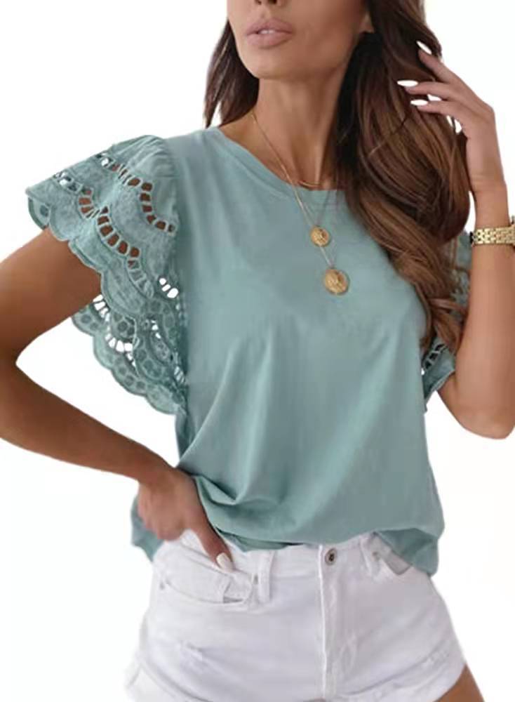 2022 European and American foreign trade cross-border women's hot product solid color round neck stitching lace flying sleeve short-sleeved T-shirt green M - Image 1
