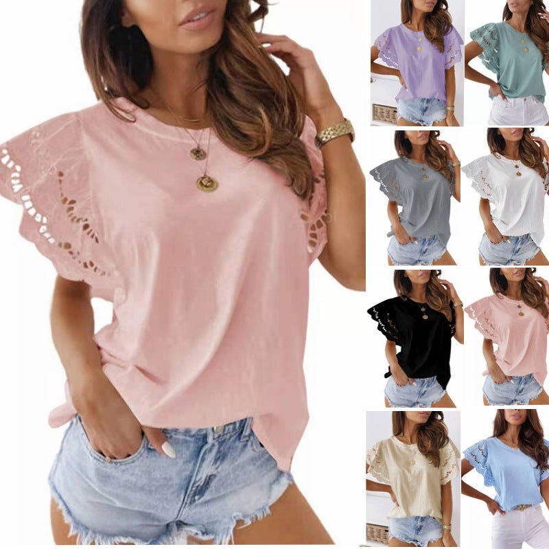 2022 European and American foreign trade cross-border women's hot product solid color round neck stitching lace flying sleeve short-sleeved T-shirt green M - Image 2
