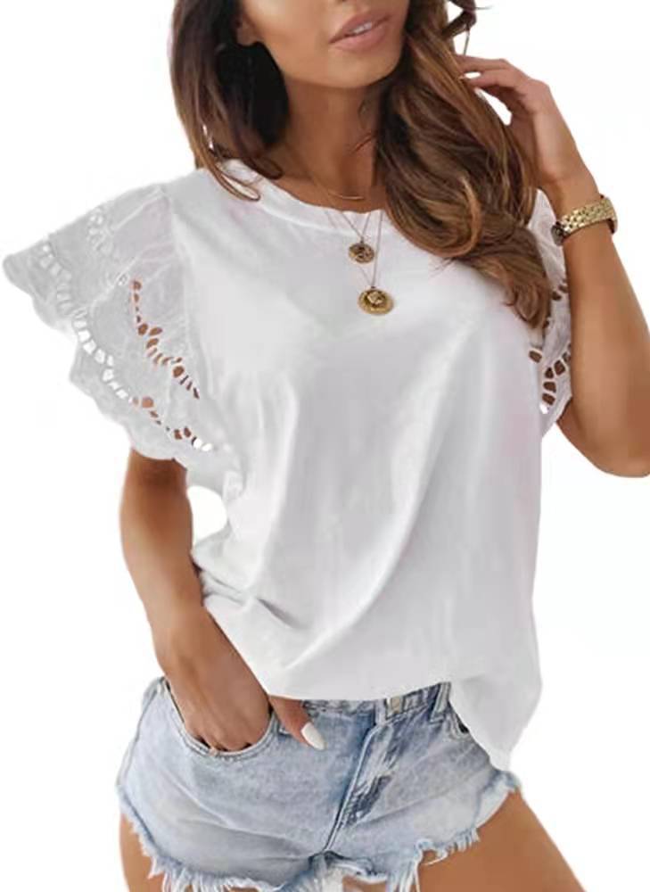 2022 European and American foreign trade cross-border women's hot product solid color round neck stitching lace flying sleeve short-sleeved T-shirt green M - Image 4