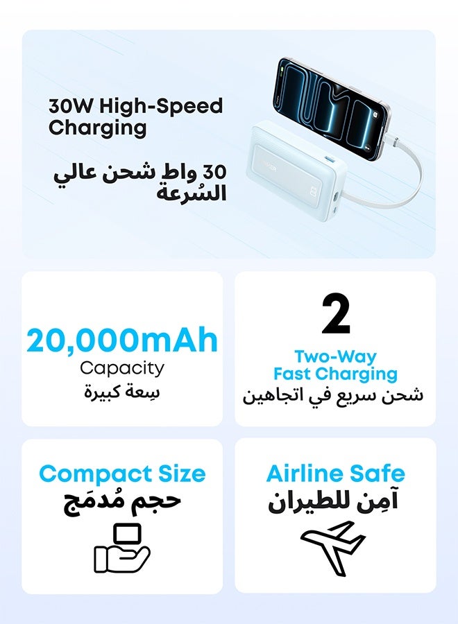 أنكر بنك طاقة زولو، 20000 مللي أمبير 30 واط شاحن محمول عالي السرعة مع كابل USB-C مدمج، حزمة بطارية لجهاز آيفون 17/17 إير/17 برو/17 برو ماكس/سلسلة 16، جالاكسي، والمزيد (أزرق، 20000 مللي أمبير) - Image 2