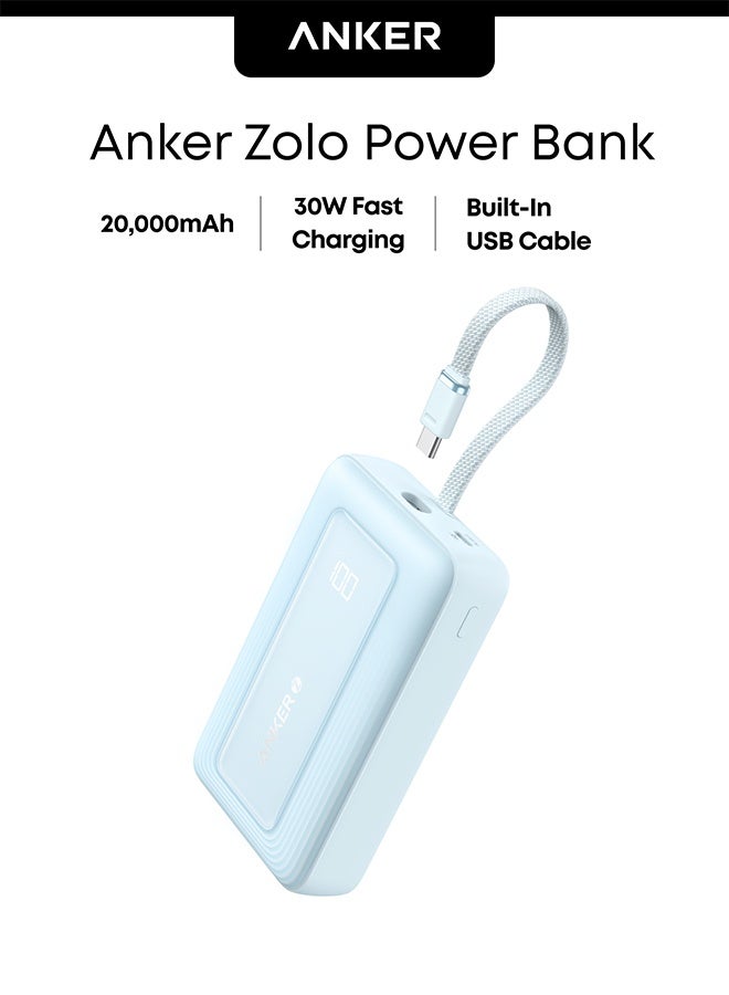 أنكر بنك طاقة زولو، 20000 مللي أمبير 30 واط شاحن محمول عالي السرعة مع كابل USB-C مدمج، حزمة بطارية لجهاز آيفون 17/17 إير/17 برو/17 برو ماكس/سلسلة 16، جالاكسي، والمزيد (أزرق، 20000 مللي أمبير) - Image 1