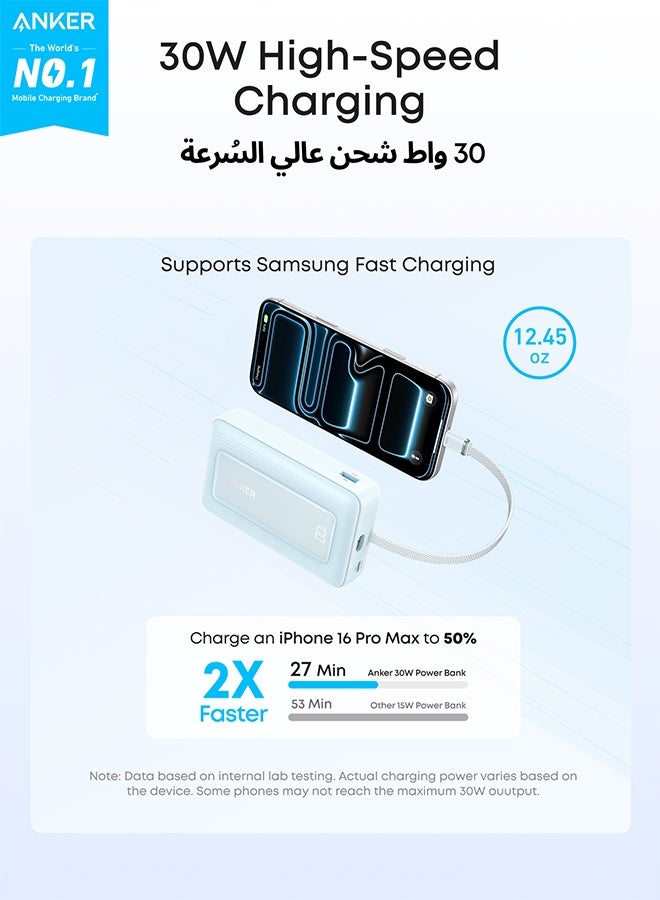 أنكر بنك طاقة زولو، 20000 مللي أمبير 30 واط شاحن محمول عالي السرعة مع كابل USB-C مدمج، حزمة بطارية لجهاز آيفون 17/17 إير/17 برو/17 برو ماكس/سلسلة 16، جالاكسي، والمزيد (أزرق، 20000 مللي أمبير) - Image 3