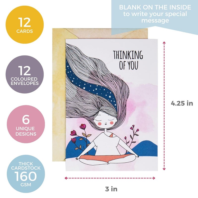 Doodle Set of 12 Blank Notecards | Coloured Envelopes | Jacket Style Packaging | 6 Different Designs for all Occasions | 3 x 4.25 inches, 160 gsm - You and Me - Image 2