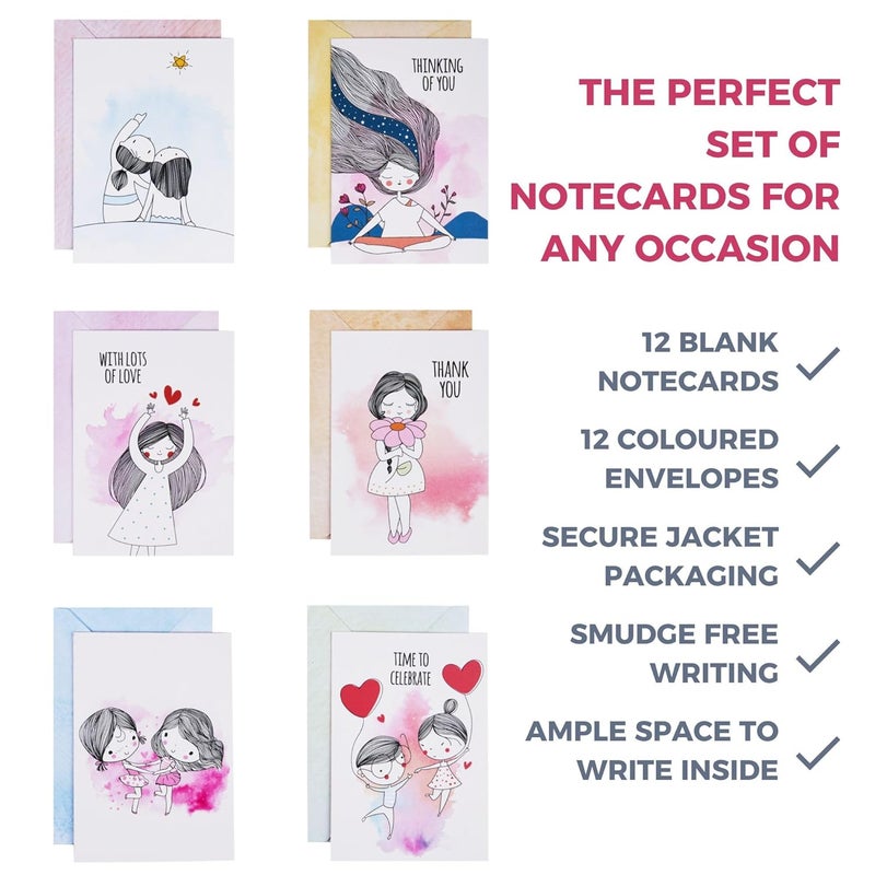 Doodle Set of 12 Blank Notecards | Coloured Envelopes | Jacket Style Packaging | 6 Different Designs for all Occasions | 3 x 4.25 inches, 160 gsm - You and Me - Image 3