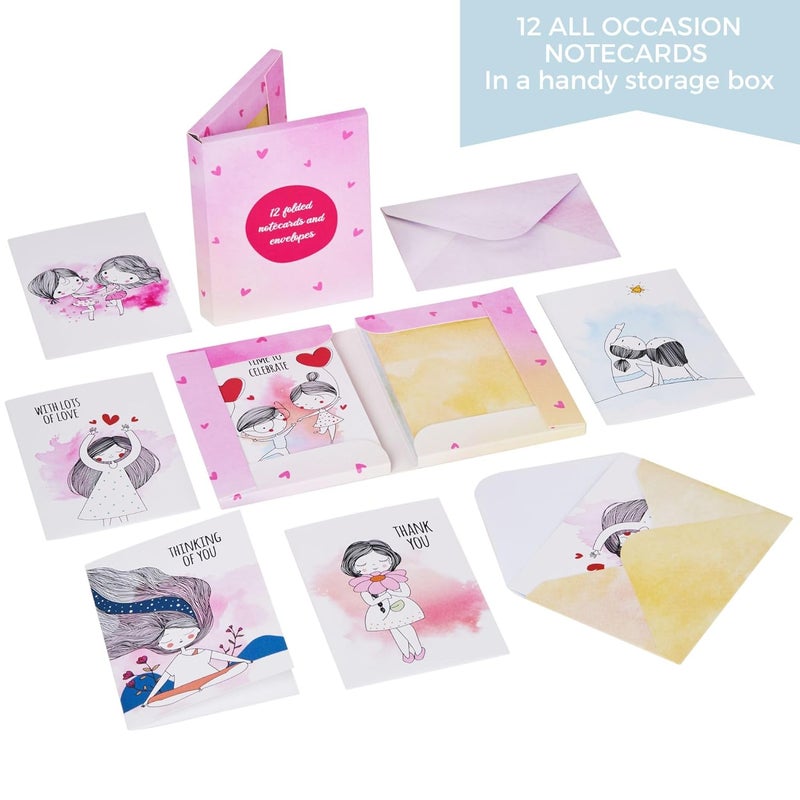Doodle Set of 12 Blank Notecards | Coloured Envelopes | Jacket Style Packaging | 6 Different Designs for all Occasions | 3 x 4.25 inches, 160 gsm - You and Me - Image 4
