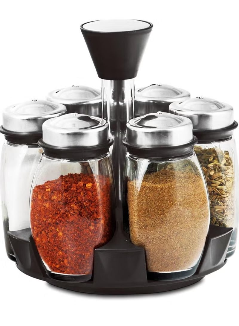 دوار التوابل رف الدوار CounterTop | طقم عبوات زجاجية من 7 قطع للأعشاب والملح والمزيد مع حامل دوار | تخزين التوابل من هوم سمارت
