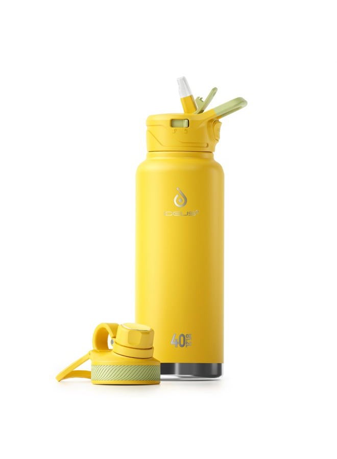 IDEUS Vacuum Insulated Water Bottle, 40 oz Stainless Steel Water Bottles with Straw and Spout Lid, Reusable Metal Water Bottle Leak Proof Gym Water Bottle, BPA-Free(Bright Yellow) - Image 1